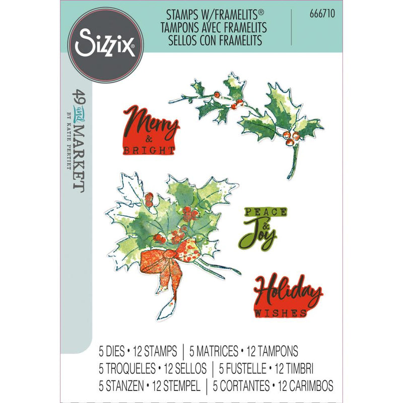 49 & Market A5 Stamps w/Framelits - Pencil Line Holly, 666710 by Sizzix