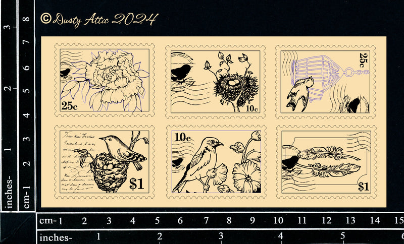 Dusty Attic Chipboard 3x6 - Postage Stamps - Birds & Flowers, DA3734