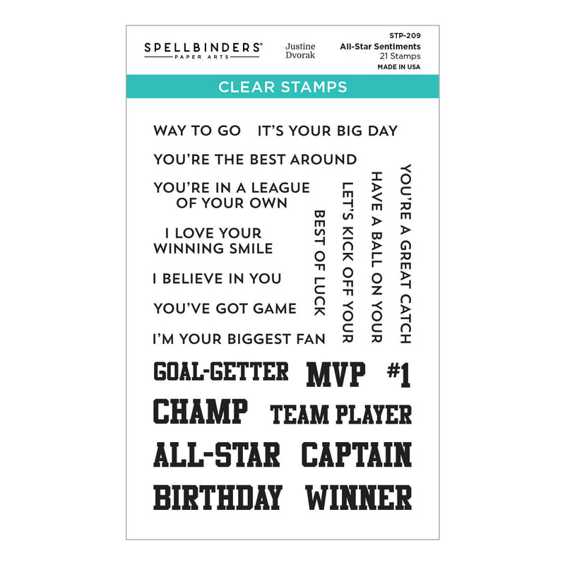 Spellbinders Clear Stamp Set - All-Star Sentiments, STP-209 by Justine Dvorak