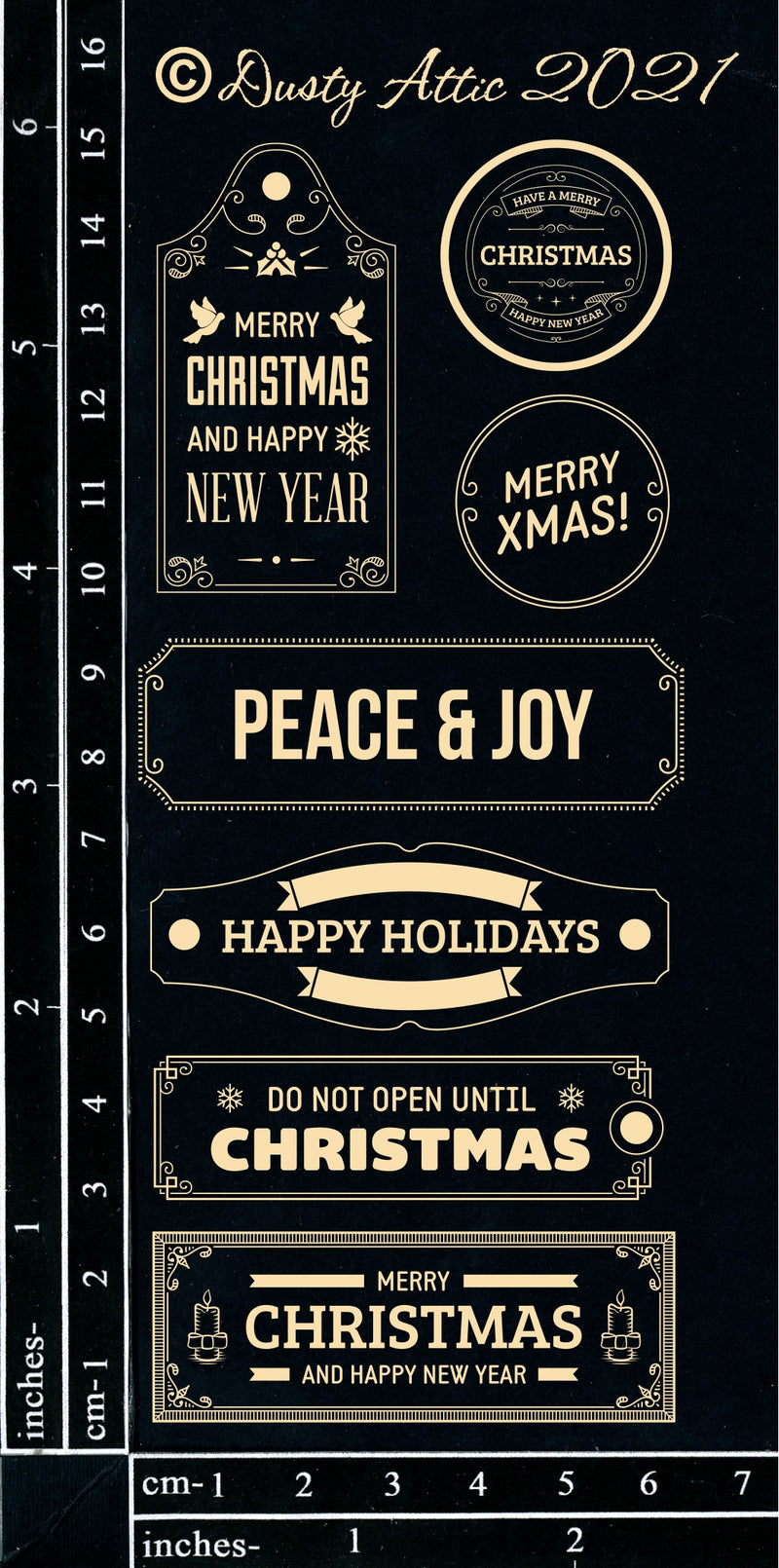 Dusty Attic Chipboard 3x6 - Christmas Labels - Black, DA3159