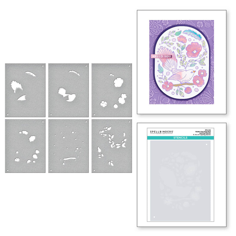 Spellbinders Layering Stencil Set - Stylish Oval Floral Bird, STN-049